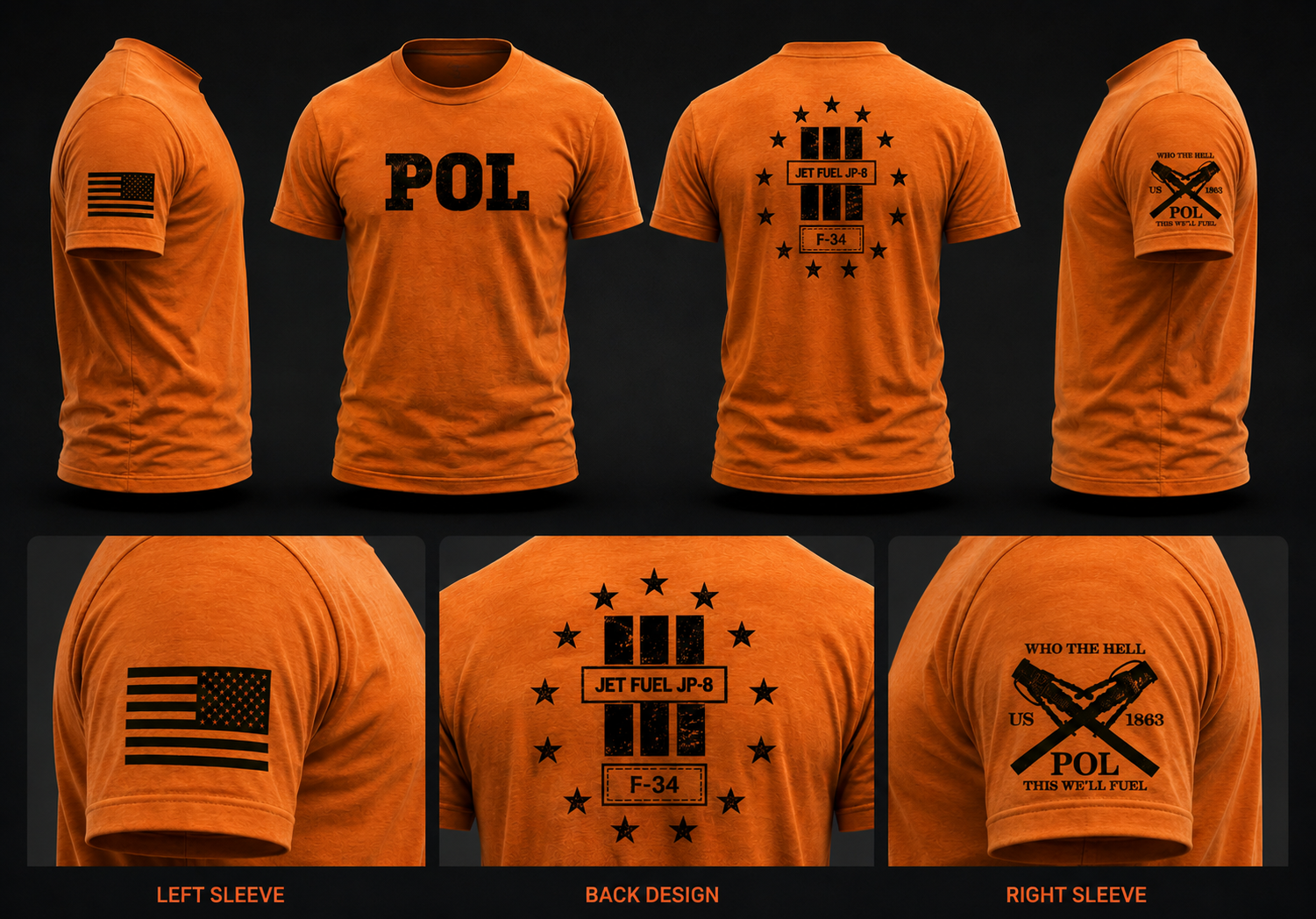 POL — Jet Fuel JP-8 Tee — front, back and sleeve views