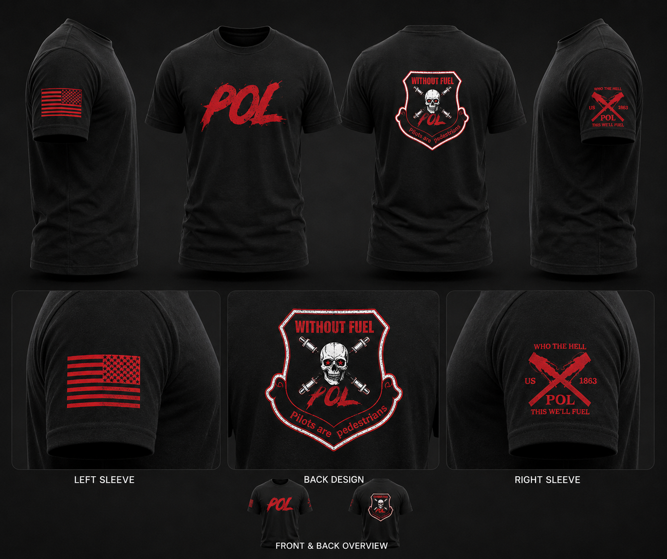 POL — Pilots Are Pedestrians Tee — front, back and sleeve views