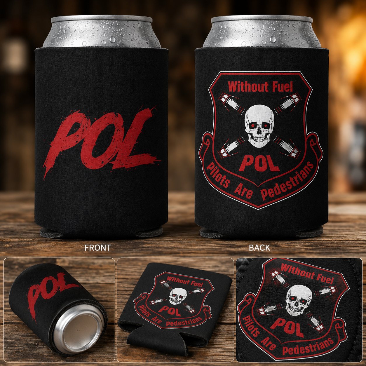 Free black POL can koozie with red brushed POL logo and skull crest
